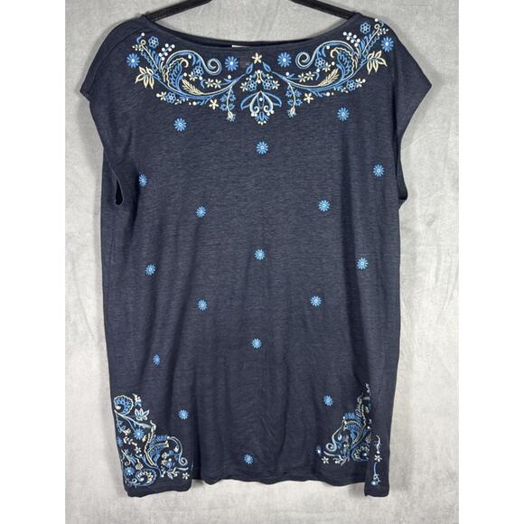 J Jill Love Linen Top Large Blue Floral Embroidered Short Sleeve‎ Tunic Shirt - Picture 1 of 8